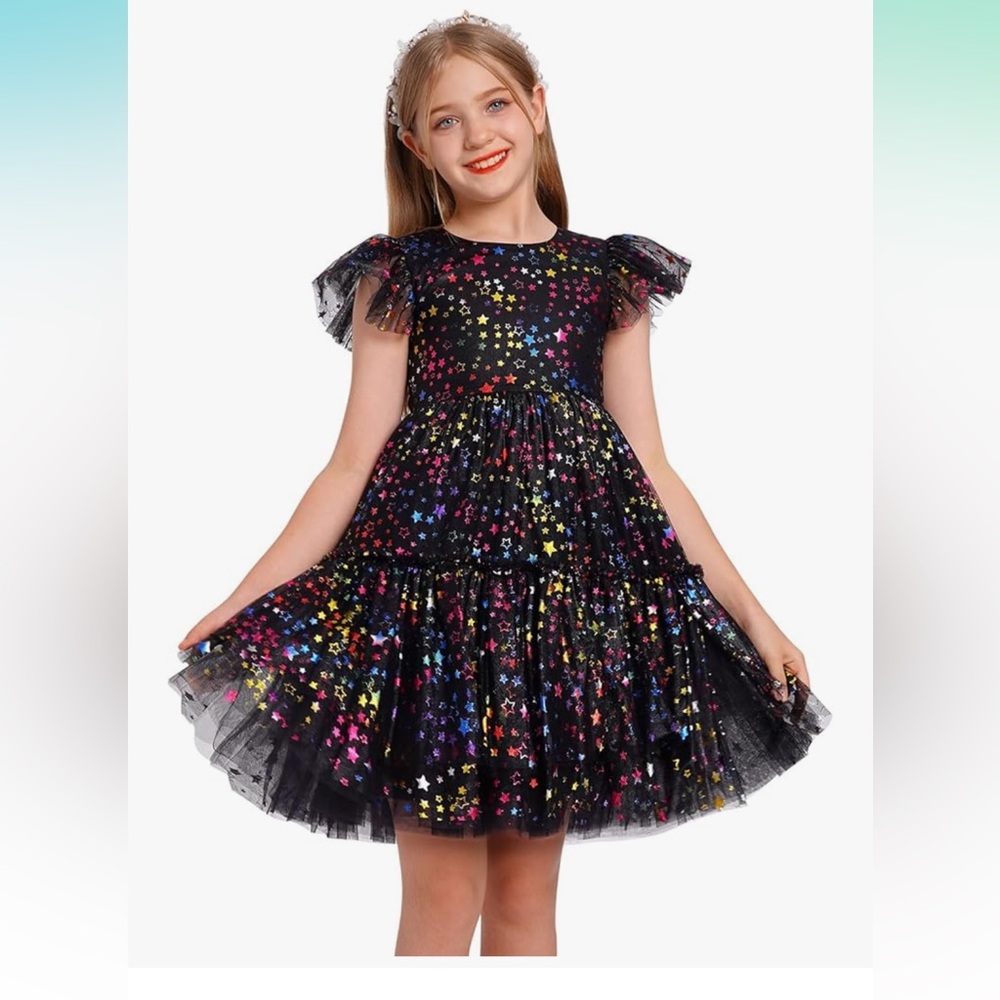 Girls Tulle Ruffle Rainbow Star Dress